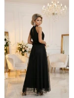 662-2 Elegantní maxi večerní šaty na ramínka s tylem a zavazováním v pase - černé