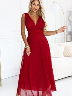 687-2 Elegantní maxi šaty s výstřihem do V a odhalenými zády – světle vínová