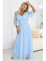 654-3 Dlouhé třpytivé plus size šaty s výstřihem a průhlednými rukávy - modré