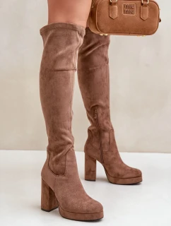 Kozačky na podpatku a platformě s vysokou holenní částí nad koleno, z eko semiše, tmavě béžové Zistaria