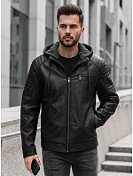 Pánská kožená zateplená bunda s kapucí, černá, FashionStreet TX5143 Pánská kožená zateplená bunda s kapucí, černá, FashionStreet TX5143
