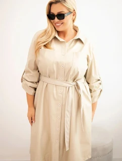 Dámská suknička z eko-kůže Plus Size s páskem a límečkem bežová