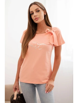 Dámská bavlněná halenka s mašlí na rameni a s potiskem meruňková