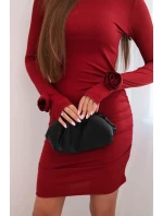 Dámské šaty z viskózy s nařasením a květinami na rukávech bordová