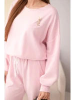 Dámský komplet máslová mikina s broží a kalhoty s rovnou nohavicí tmavě pudrově růžová