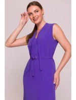 S410 Šaty áčkového střihu s vázáním a výstřihem do V - fialové