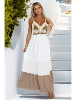 612-1 Dlouhé béžovo-bílé šaty bez ramínek s háčkovaným vrškem - boho