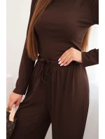 Dámský viskózový komplet s blůzou a širokými kalhotami hnědý