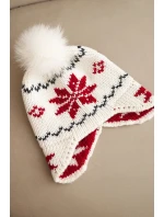 Dámská zimní čepice z vlny s motivem sněhové vločky a bambulí K450 bílá + červená