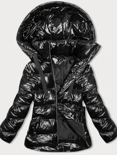 Lesklá černá dámská bunda s kapucí (5M3172-392)