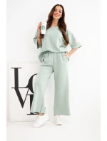 Dámský komplet z viskózy mikina a široké kalhoty máslový tmavě mentolový