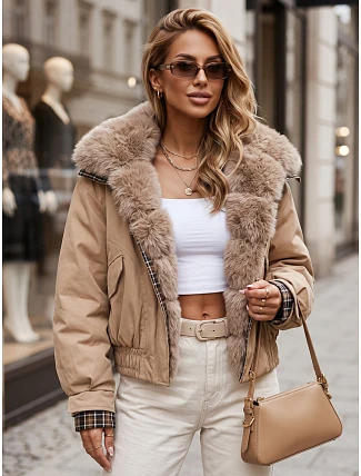 Krátká dámská bunda s odnímatelnou kožešinou, béžová, FashionStreet TY5838 Krátká dámská bunda s odnímatelnou kožešinou, béžová, FashionStreet TY5838