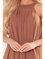 ALIZEE - Dámské šifonové šaty v mocca barvě se zavazováním 350-8