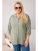 Dámská bavlněná košile ve velikosti Plus Size s límečkem a krajkovou vsadkou khaki