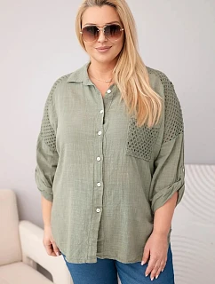 Dámská bavlněná košile ve velikosti Plus Size s límečkem a krajkovou vsadkou khaki