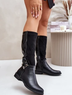 Zateplené kozačky na plochém podpatku s ozdobnou sponou černé Leatharia