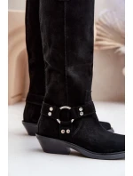 Semišové Kozačky Kovbojky Na Nízkém Podpatku S Dekorací Zazoo 3656 Černé