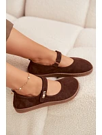 Kožené semišové baleríny Barefoot s páskem Zazoo 10206 Čokoládové