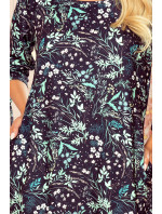 SOPHIE - Pohodlné dámské oversize šaty se vzorem listů v mátové barvě na tmavém pozadí 281-4