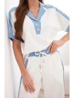 Dámský komplet s polo tričkem a širokými džínovými kalhotami máslový a džínový