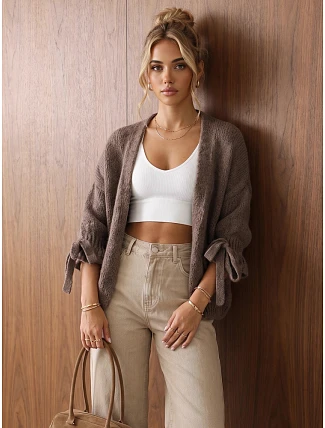 Dámský oversize kardigan bez zapínání, hnědý, FashionStreet MY2565