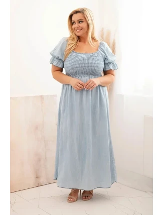 Dámské šaty plus size s krátkým rukávem a řasením z tencelu maxi světle džínová