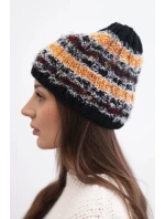 Dámská zimní čepice s barevnou přízí a elastickým stahováním K352 černý+oranžový neon