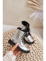 Zateplené dívčí lakované boty na zip stříbrné Novita