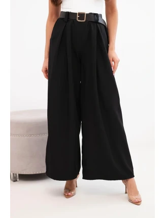 Dámské kalhoty s širokým střihem a páskem černé