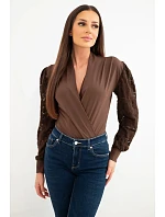 Dámské body halenka zavinovací s krajkovými rukávy hnědá Dámské body halenka zavinovací s krajkovými rukávy hnědá