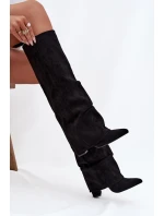 Dámské zateplené kozačky s vyhrnutou špičkou na sloupkovém podpatku Elivira – černé