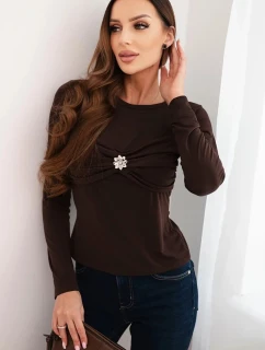 Dámská blůza z viskózy přiléhavá s drapováním a broží hnědá