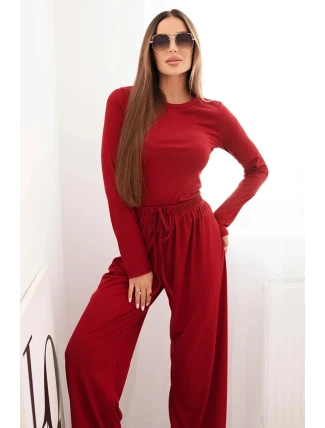 Dámský viskózový komplet s halenkou a širokými kalhotami bordový