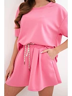 Dámský viskózový maslový komplet s krátkým rukávem a šortky s vysokým pasem růžový