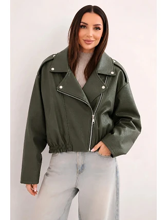 Dámská křiváková bunda z ekokůže na zip khaki
