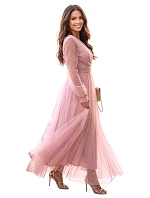 664-1 Dlouhé maxi šaty s tylovými rukávy a obálkovým výstřihem - pudrově růžové