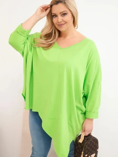 Dámská bavlněná blůza Plus Size s asymetrickým spodním lemem a výstřihem do V světle zelená