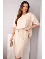 Dámský máslový komplet s halenkou a midi sukní béžový
