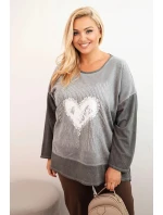 Dámská mikina Plus Size bavlněná s potiskem srdce a šňůrkami grafitová Dámská mikina Plus Size bavlněná s potiskem srdce a šňůrkami grafitová
