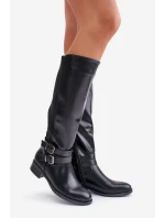 Dámské Kozačky Před Koleno Na Ploché Podpatky S Přezkami Černé Lotina