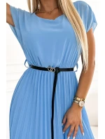 548-2 Plisované midi šaty s černým páskem - MODRÉ 548-2 Plisované midi šaty s černým páskem - MODRÉ