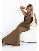 617-1 Dlouhé šaty ve tvaru mořské panny s černou krajkou a síťovinou - MOCHA MOUSSE 617-1 Dlouhé šaty ve tvaru mořské panny s černou krajkou a síťovinou - MOCHA MOUSSE