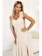 643-3 Elegantní večerní maxi šaty s rozparkem a růžemi - béžové