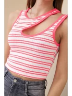 Dámský žebrovaný top bez rukávů v proužcích s výstřihem růžový neon
