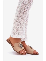 Kožené Pantofle S Dekorací Na Plochém Podpatku Béžové Lewski 3047/O