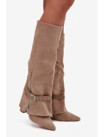 Dámské nazouvací kozačky na podpatku s ozdobným páskem Béžové Jolivine