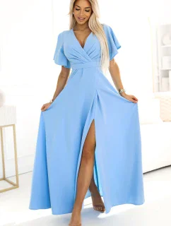 581-3 JENNIFER dlouhé šaty s rozparkem na nohou, rukávy a výstřihem - MODRÉ