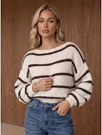 Dámský oversize svetr s pruhy v barvě ecru FashionStreet MY2643 Dámský oversize svetr s pruhy v barvě ecru FashionStreet MY2643