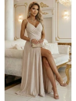 299-20 CHIARA Maxi šaty bez ramínek s obálkovým výstřihem a rozparkem na nohou - šampaňsko-béžové s třpytkami 299-20 CHIARA Maxi šaty bez ramínek s obálkovým výstřihem a rozparkem na nohou - šampaňsko-béžové s třpytkami
