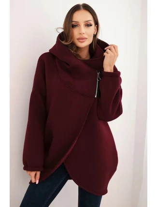 Dámská zateplená mikina s kapucí a asymetrickým zipem bordová